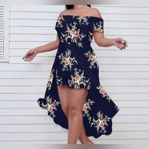Floral Print Off Shoulder High Low Hem Romper Navy Blue
